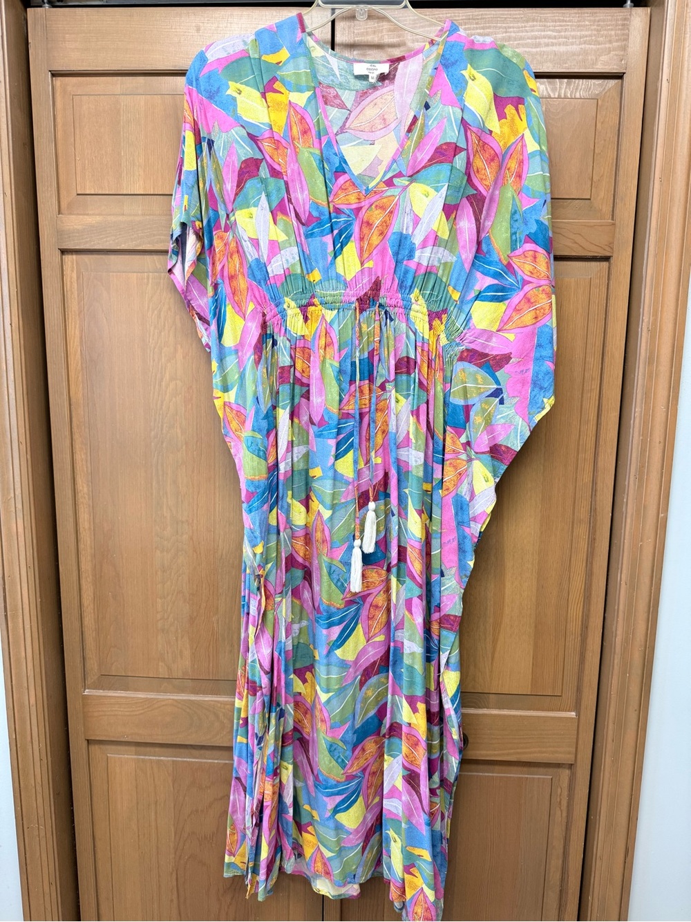 entro Multicolor Leaf-Print V-Neck Tassel Maxi Dress